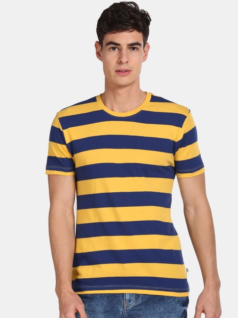 

Aeropostale Men Yellow Navy Blue Striped Round Neck Cotton Pure Cotton T-shirt