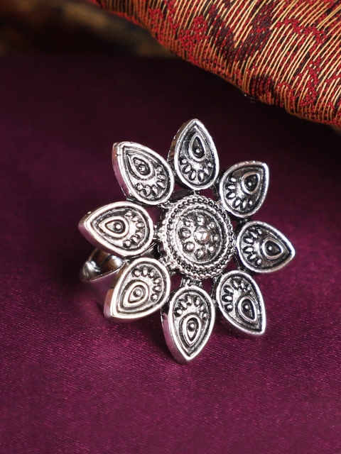 

ANIKAS CREATION Oxidised Silver-Toned German Floral Shaped Adjustable Finger Ring