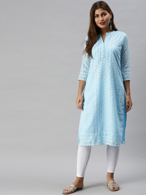

Soch Women Blue & White Floral Embroidered Thread Work Georgette Kurta