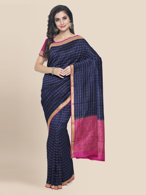 

KLM Fashion Mall Navy Blue & Pink Silk Blend Checked Banarasi Saree