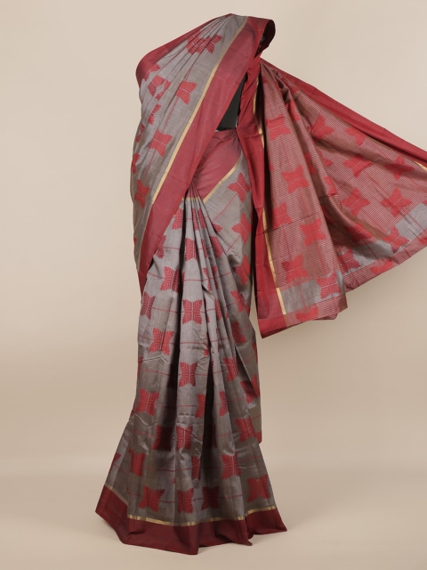 Pothys Grey & Red Jute Silk Woven Design Saree