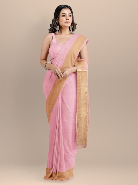 

BharatSthali Pink Silk Cotton Solid Mangalagiri Saree