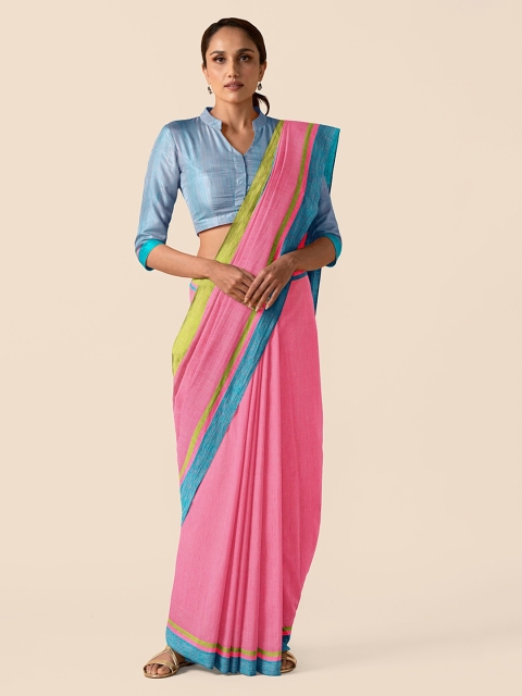 

Taneira Pink Pure Cotton Solid Taant Saree