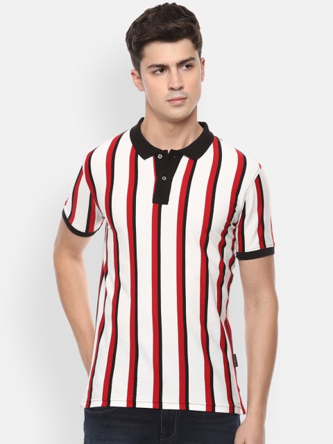 

V Dot Men White Striped Polo Collar Pure Cotton T-shirt