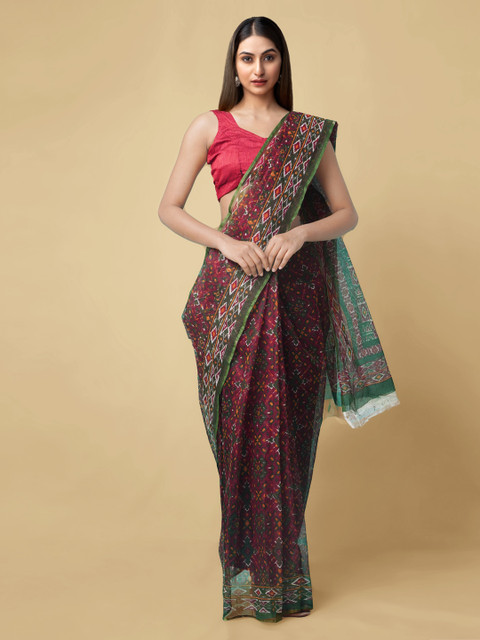 

Unnati Silks Women Red Pure Dabu Printed Kota Cotton Sustainable Saree