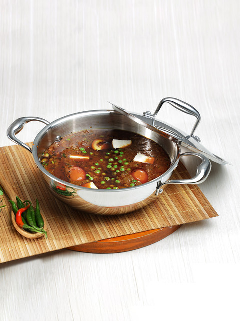 

Vinod Silver-Toned Platinum Triply Induction Friendly Stainless Steel Kadai With Lid 5.2 Ltr