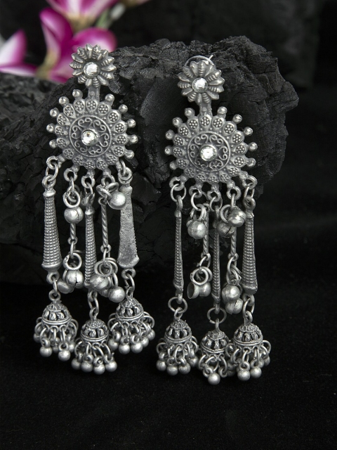 

Moedbuille Ghungroo Studded Tasselled Design Oxidised Silver Plated Handcrafted Tribal Earrings