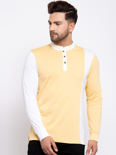 

Kalt Men Yellow & White Colourblocked Mandarin Collar T-shirt