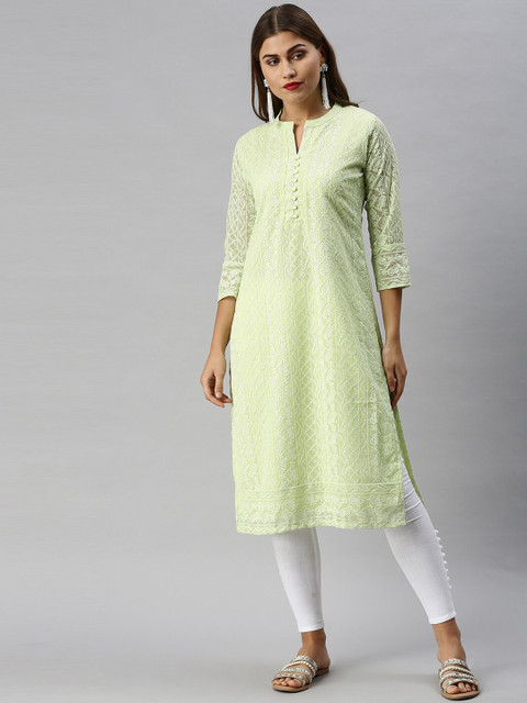 

Soch Women Lime Green Ethnic Motifs Embroidered Thread Work Georgette Kurta