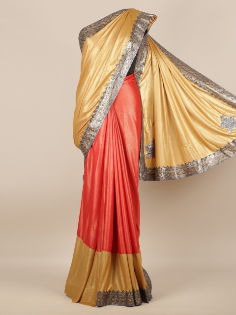 

Pothys Gold-Toned & Coral Poly Georgette Colourblocked Saree