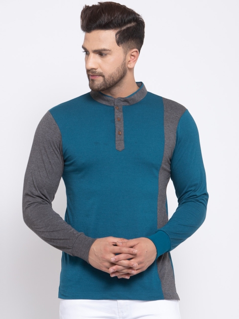 

Kalt Men Teal Colourblocked Henley Neck T-shirt