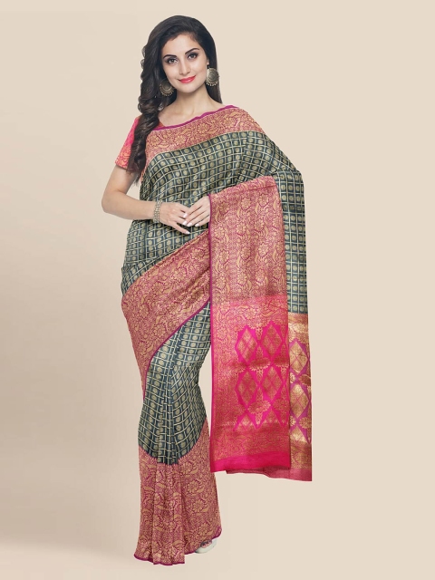 

KLM Fashion Mall Grey & Red Silk Blend Woven Design Banarasi Saree