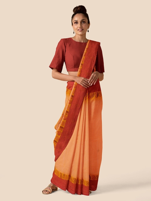 

Taneira Orange Pure Cotton Solid Taant Saree