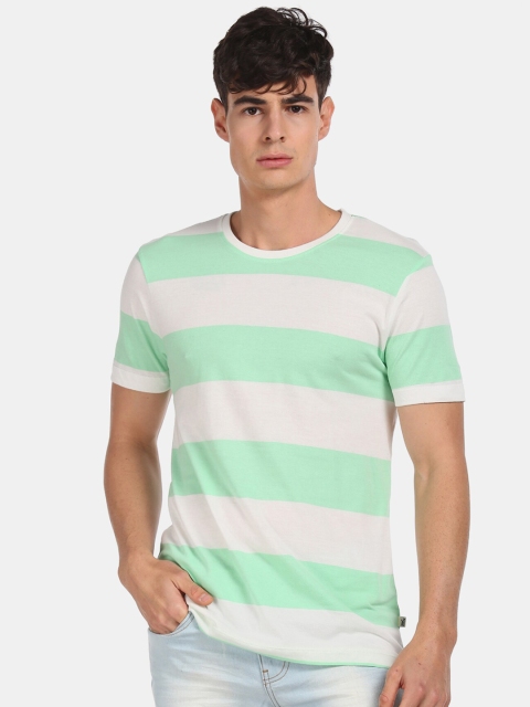 

Aeropostale Men Green & White Striped Round Neck Cotton T-shirt