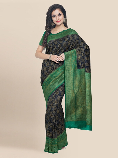 

KLM Fashion Mall Navy Blue & Green Silk Blend Woven Design Banarasi Saree