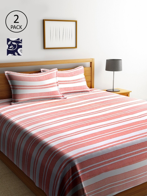 

KLOTTHE Set Of 2 Striped Double King Bed Covers with 4 Pillow Covers, Peach