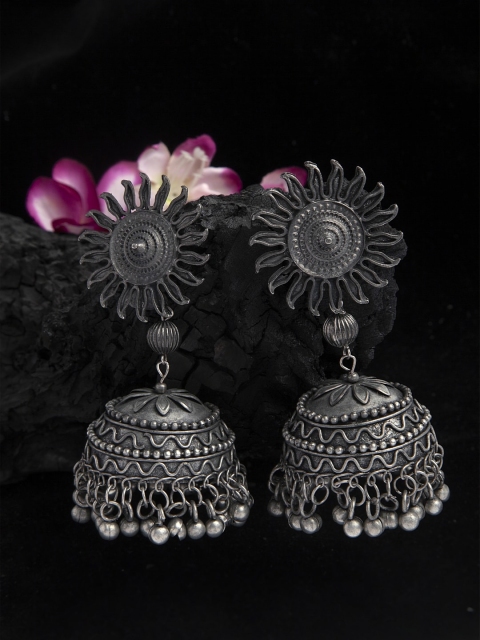 

Moedbuille Floral Shaped Tribal Design Oxidised Silver Plated Handcrafted Chandelier Jhumkas