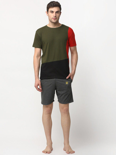 

VIMAL JONNEY Men Olive Green & Grey Colourblocked Night suit