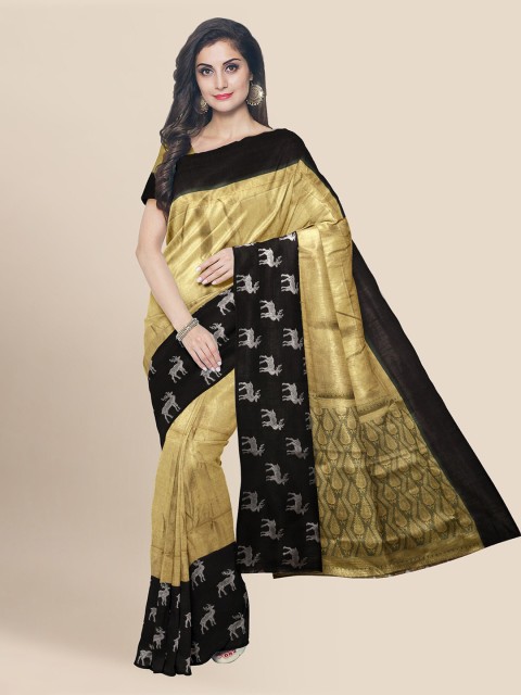 

KLM Fashion Mall Gold-Toned & Black Silk Blend Solid Banarasi Saree