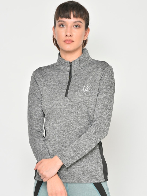 

Chkokko Women Grey Self Design Mandarin Collar Gym T-shirt