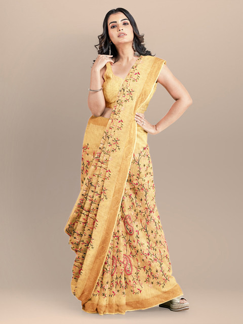 

BharatSthali Yellow Silk Cotton Embroidered Handloom Maheshwari Saree