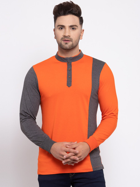 

Kalt Men Orange 7 Grey Colourblocked Mandarin Collar T-shirt