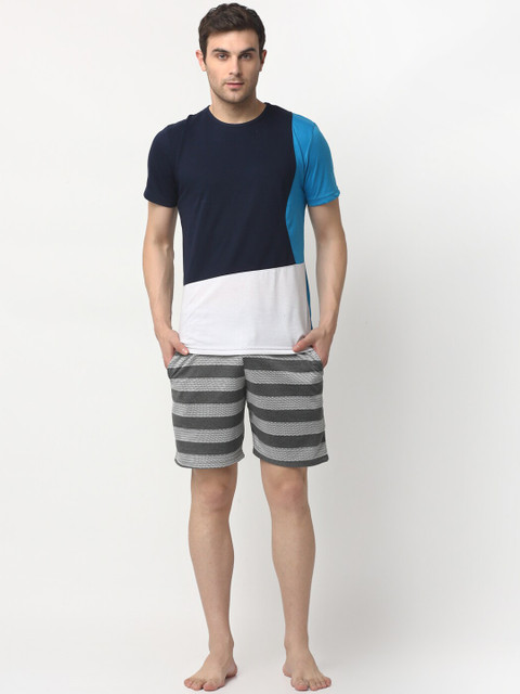 

VIMAL JONNEY Men Navy Blue & Grey Colourblocked Night suit