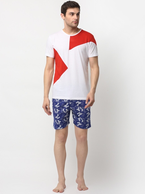 

VIMAL JONNEY Men White & Blue Colourblocked Night Suit