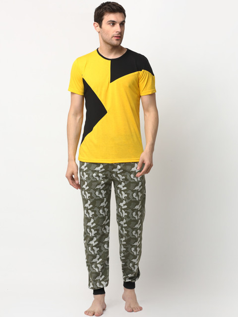 

VIMAL JONNEY Men Yellow & Black Colourblocked Night Suit