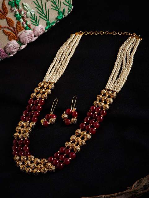 

PANASH Gold-Plated Cream-Colored & Maroon Pearl & Beads Layered Handcrafted Jewellery Set