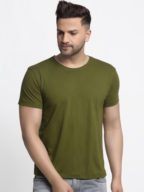 

Friskers Men Olive Green Solid Round Neck Pure Cotton T-shirt