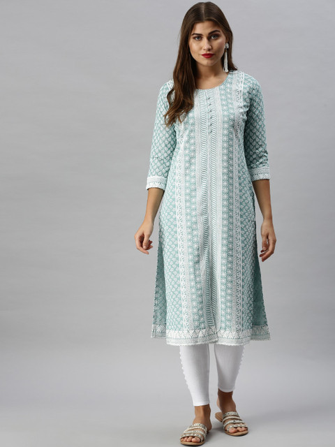 

Soch Women Green & White Floral Embroidered Pure Cotton Kurta
