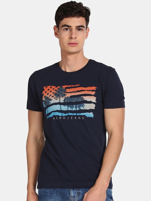 

Aeropostale Men Navy Blue Printed Round Neck Cotton T-shirt