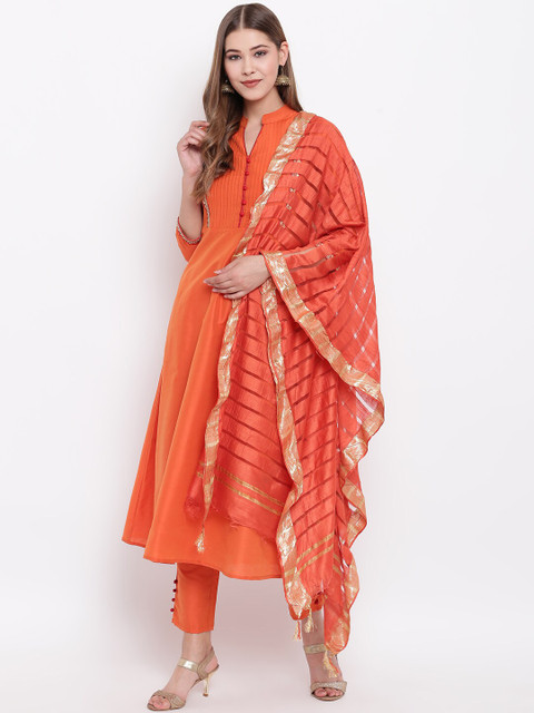 

Shakumbhari Orange & Gold-Toned Striped Dupatta