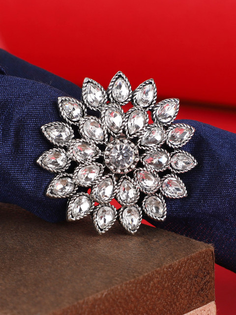 

ANIKAS CREATION Oxidised Silver-Plated White Stone-Studded Handcrafted Adjustable Finger Ring