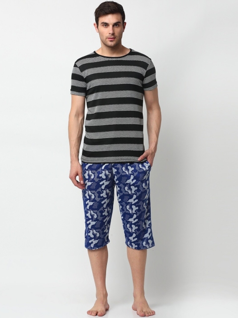 

VIMAL JONNEY Men Black & Blue Striped Night Suit T_STR_BLK_D13_ARM_RYL_02