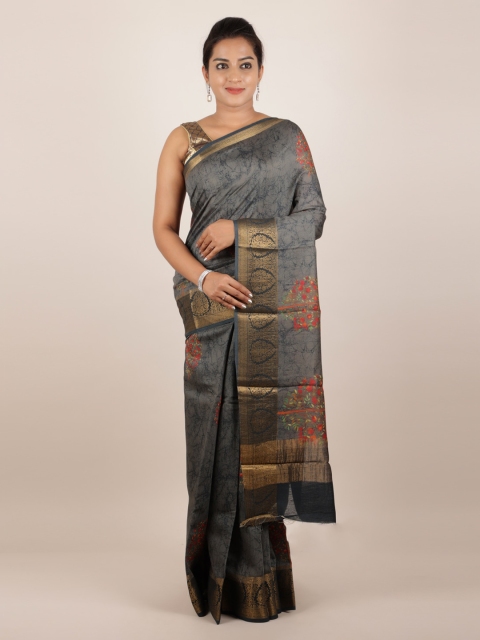 

Pothys Grey Pure Silk Printed Tussar Saree
