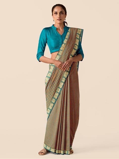 

Taneira Blue & Orange Pure Cotton Checked Chettinad Saree