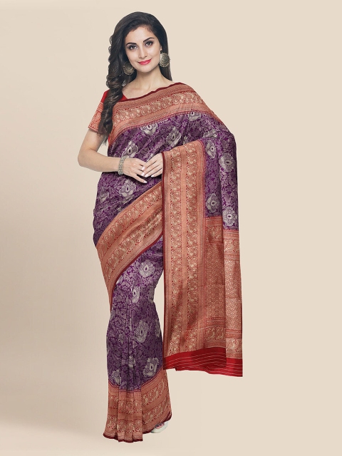 

KLM Fashion Mall Purple & Red Silk Blend Woven Design Banarasi Saree