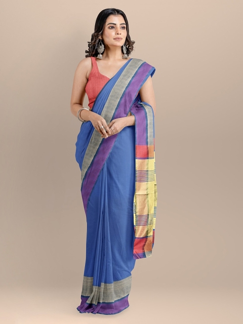 

BharatSthali Blue Silk Cotton Solid Handloom Mangalagiri Saree
