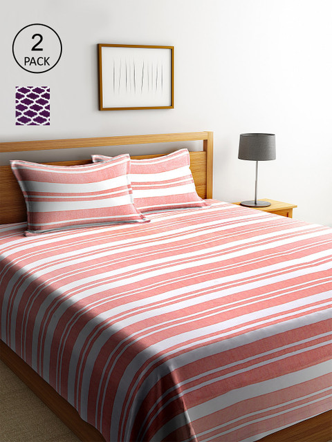 

KLOTTHE Set of 2 Striped Double Bed Covers With 4 Pillow Covers, Pink