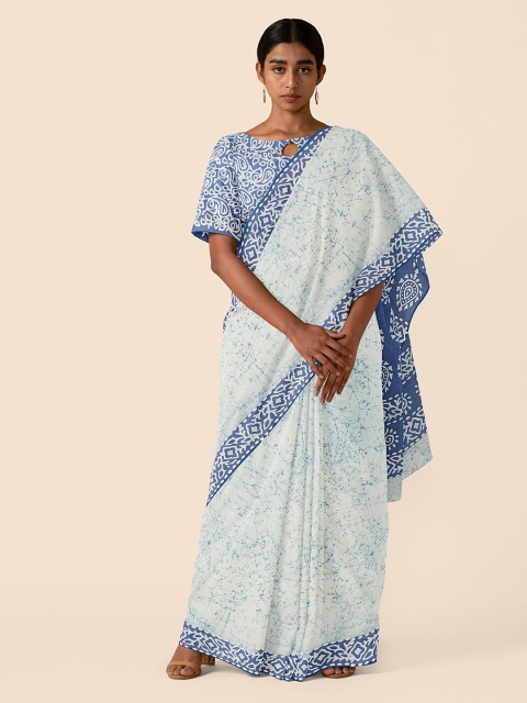 

Taneira Blue & White Pure Cotton Printed Block Print Saree