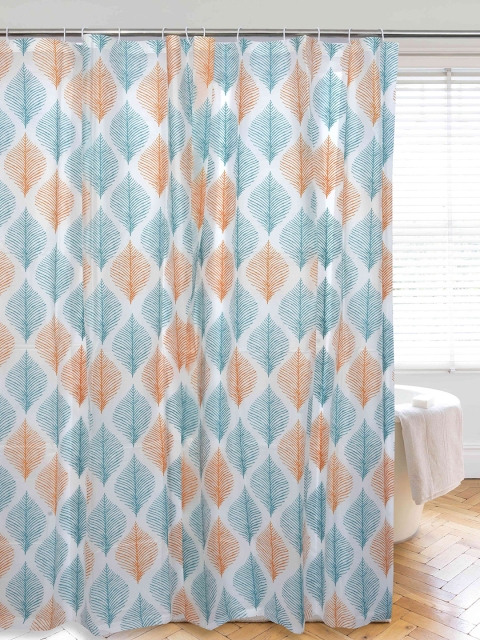 

Clasiko Blue & Orange Printed PVC Plastic Bathroom Curtain With Hooks