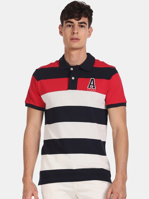 

Aeropostale Men Red Off-White Striped Cotton Polo Collar Pure Cotton T-shirt