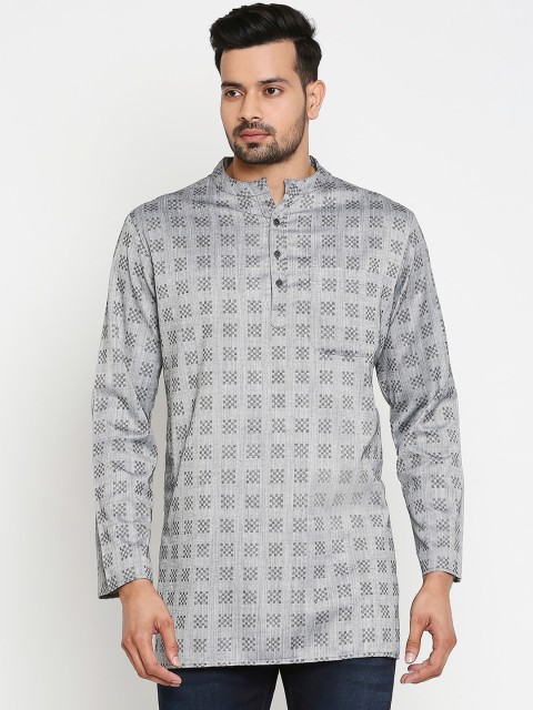 

Vivids India Men Grey Geometric Printed Patchwork Kurta