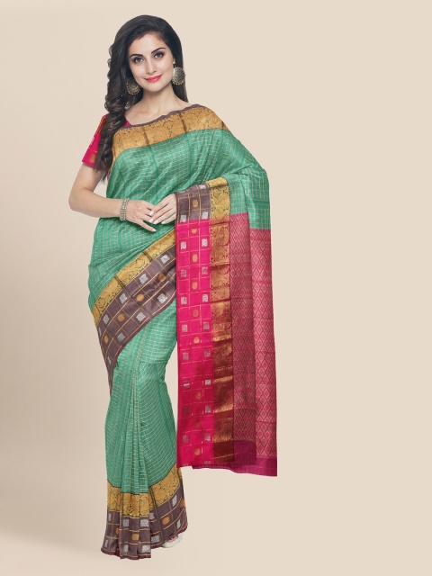 

KLM Fashion Mall Green Silk Blend Checked Chanderi Saree