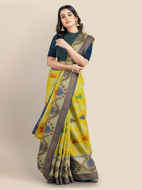 

KLM Fashion Mall Yellow & Navy Blue Silk Blend Woven Design Chanderi Saree
