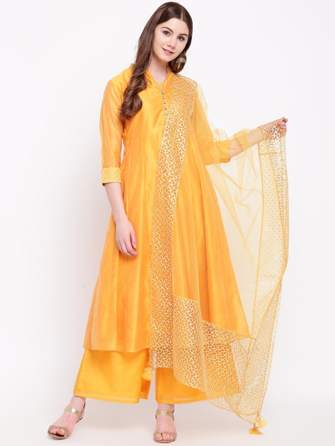 

Shakumbhari Women Mustard Yellow Chanderi Silk Kurta with Palazzos & Dupatta