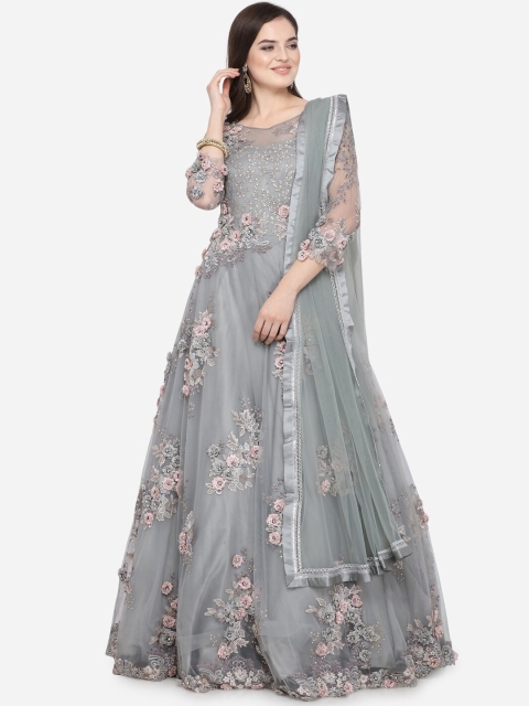 

Stylee LIFESTYLE Grey & Pink Net Semi-Stitched Dress Material