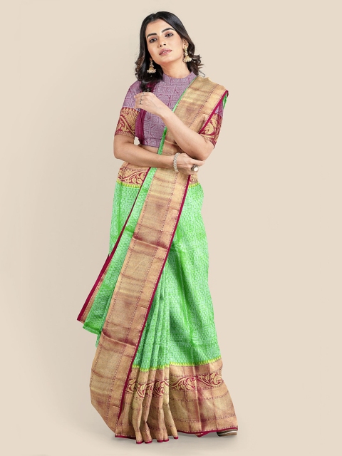 

KLM Fashion Mall Green & Pink Silk Blend Woven Design Banarasi Saree